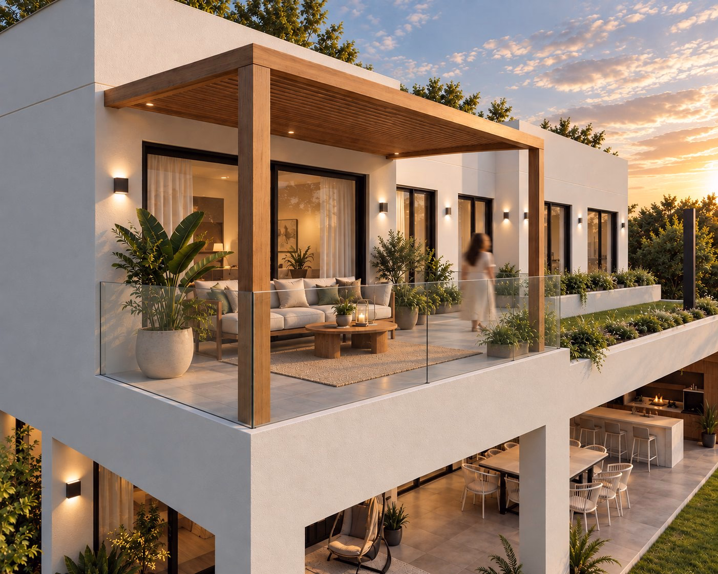 Terraza de Campo Chico con pergolado de madera, vegetación y estar al aire libre