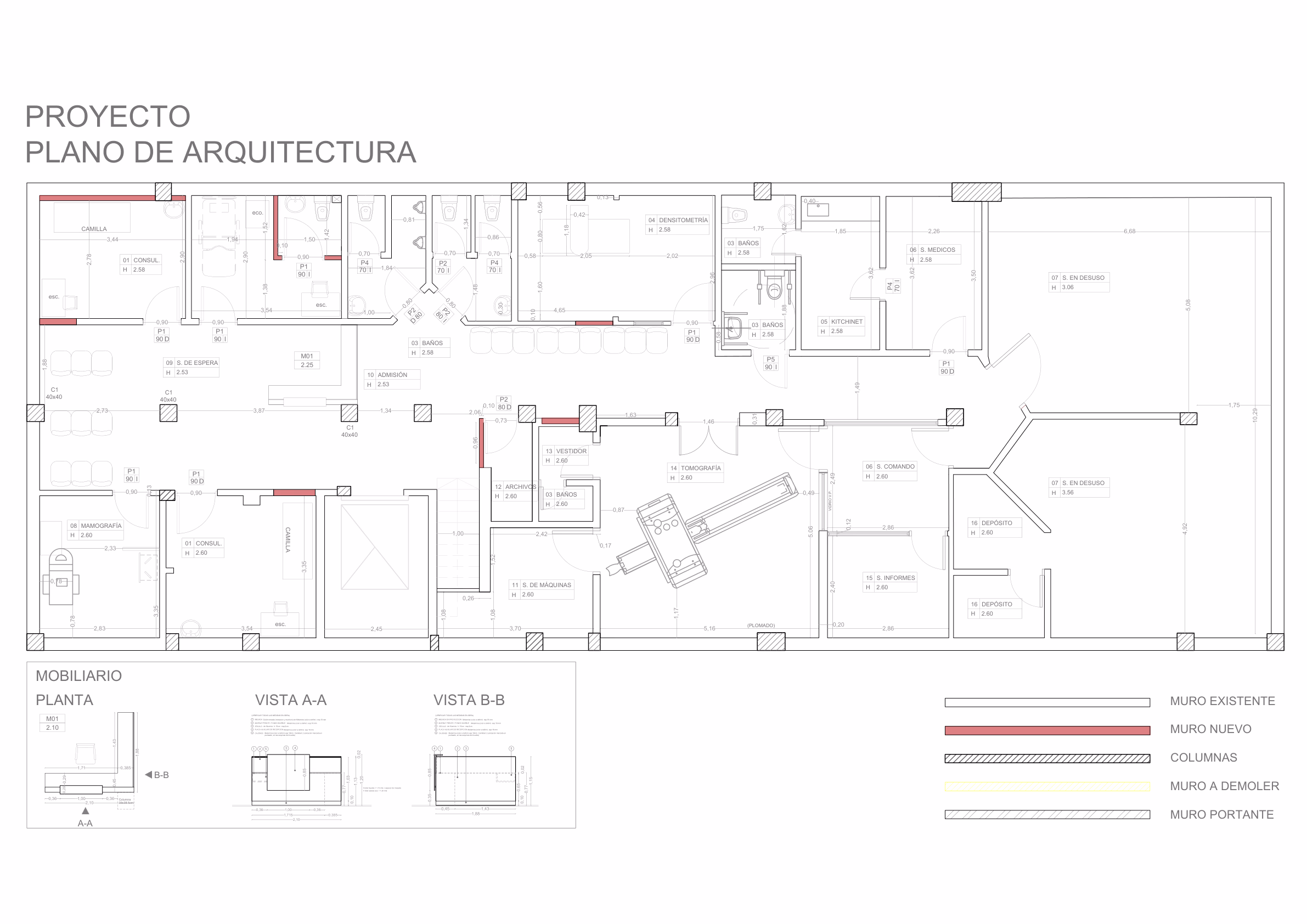 Plano de proyecto de la Clínica Santa Clara: muros existentes, muros nuevos y muros a demoler