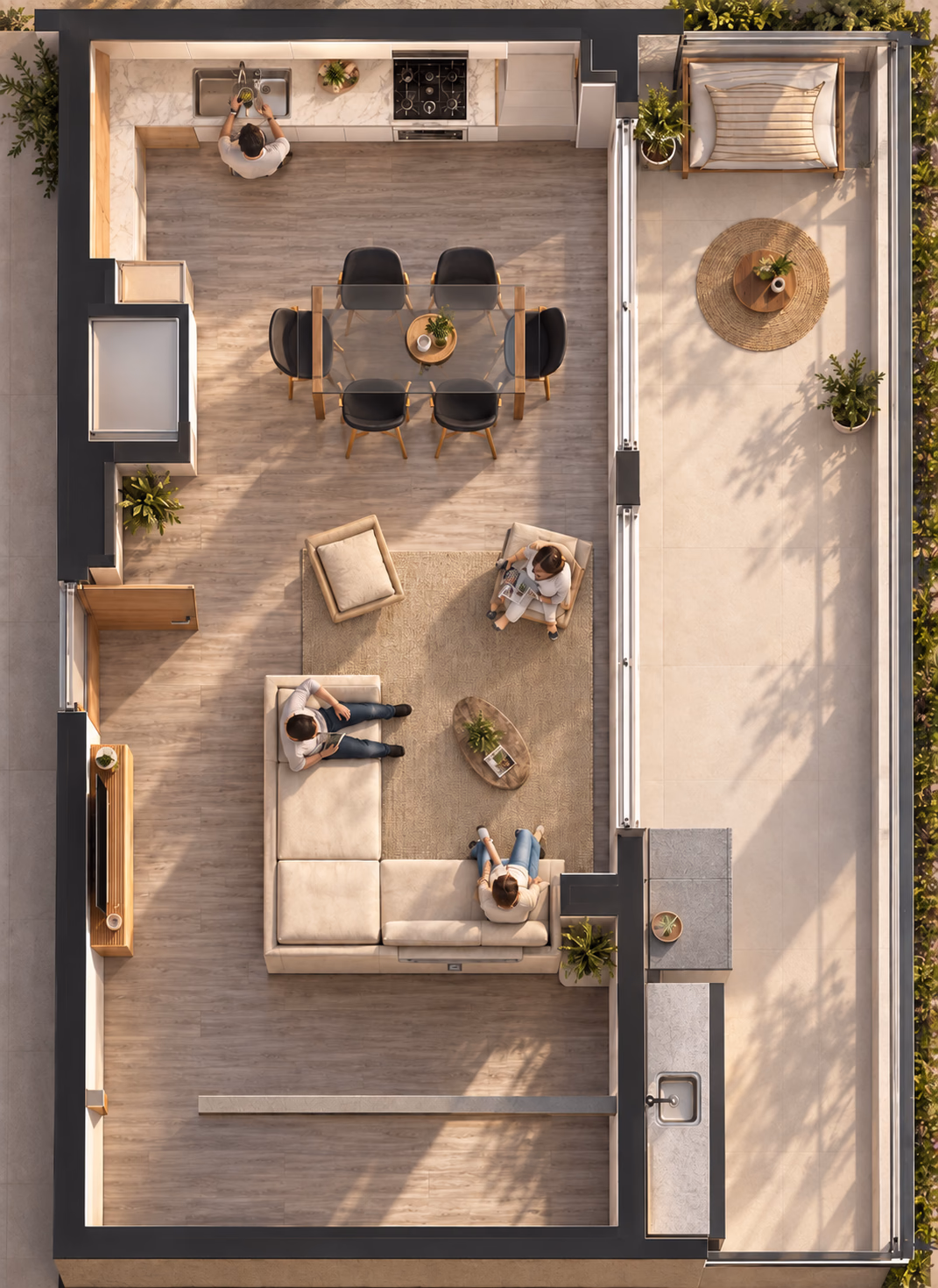 Planta renderizada de Independencia: cocina, estar y terraza en Palermo