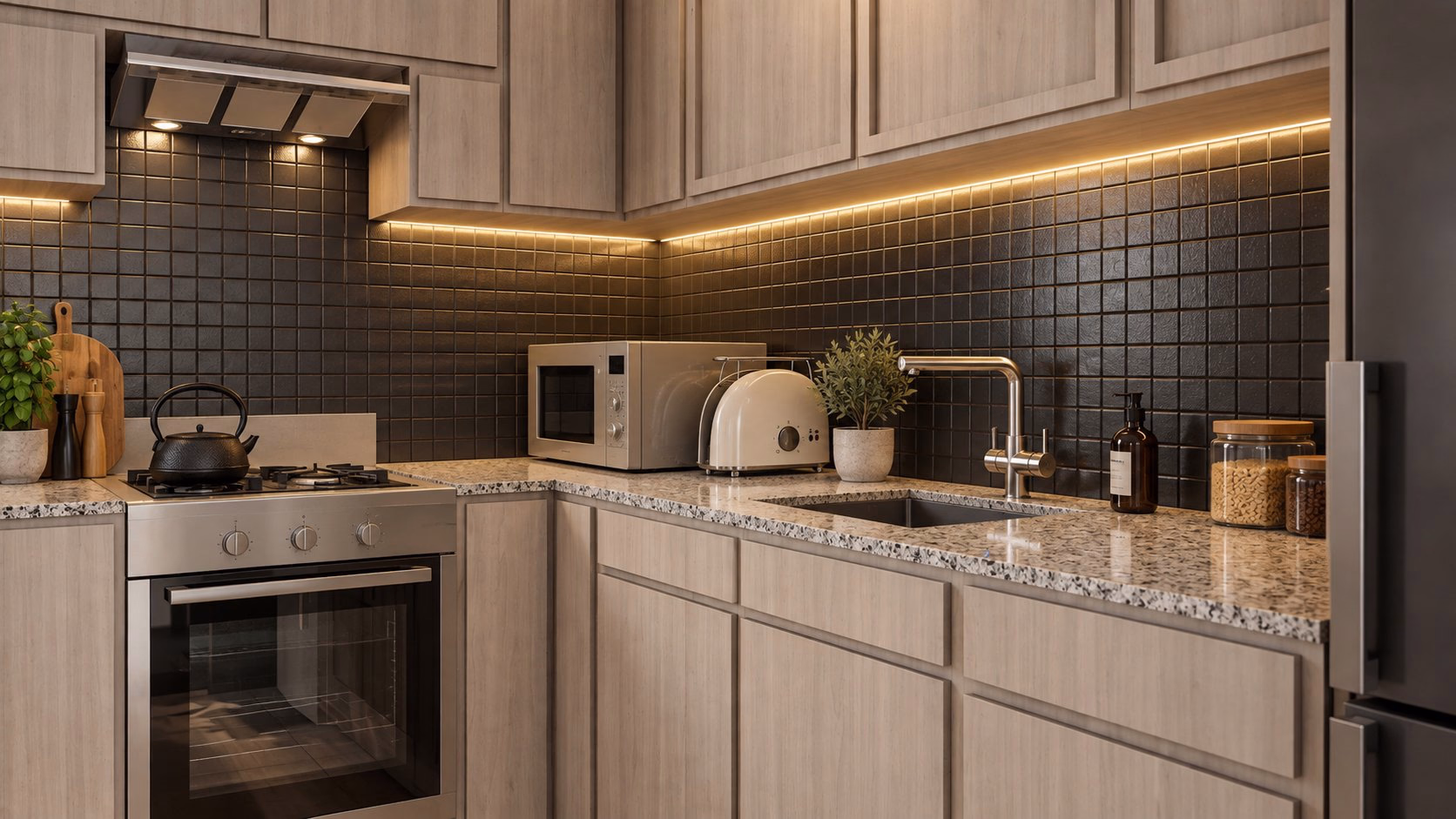Cocina de una unidad de Olavarría, con alacena de madera y mesada clara