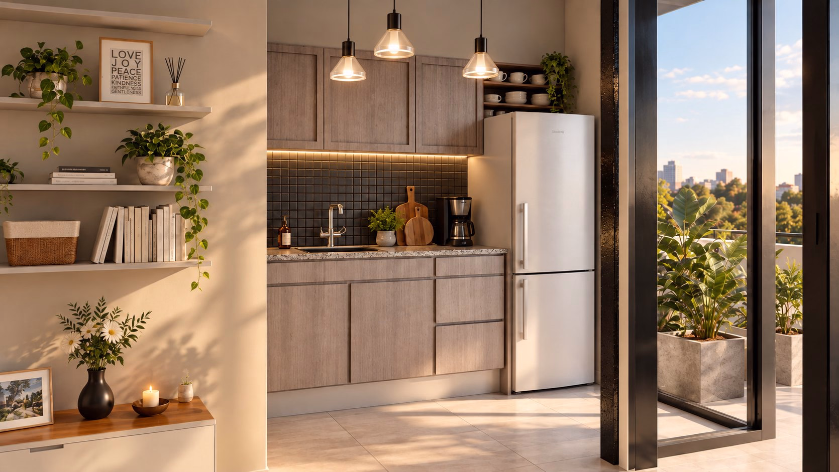 Estar y cocina de Olavarría, con madera clara y salida al exterior