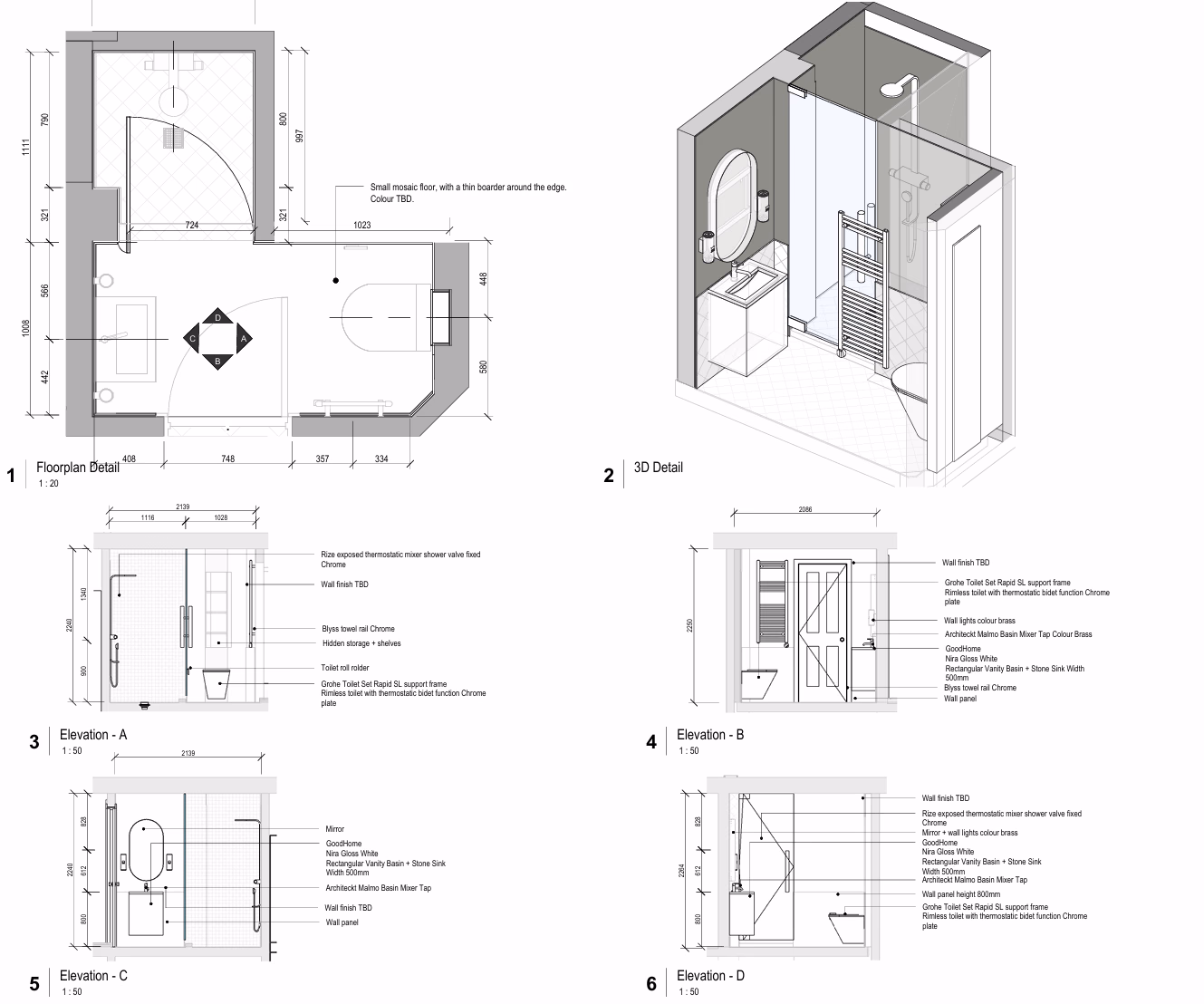 Lámina del baño de Quintin Avenue: planta, axonométrica, ducha, vanitory y vistas