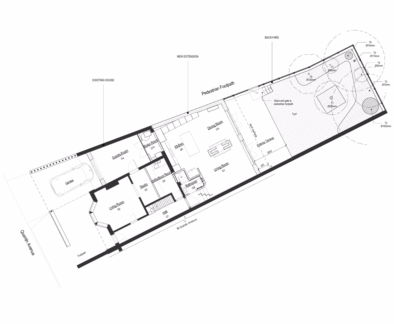 Planta de Quintin Avenue con la distribución de la vivienda y el jardín