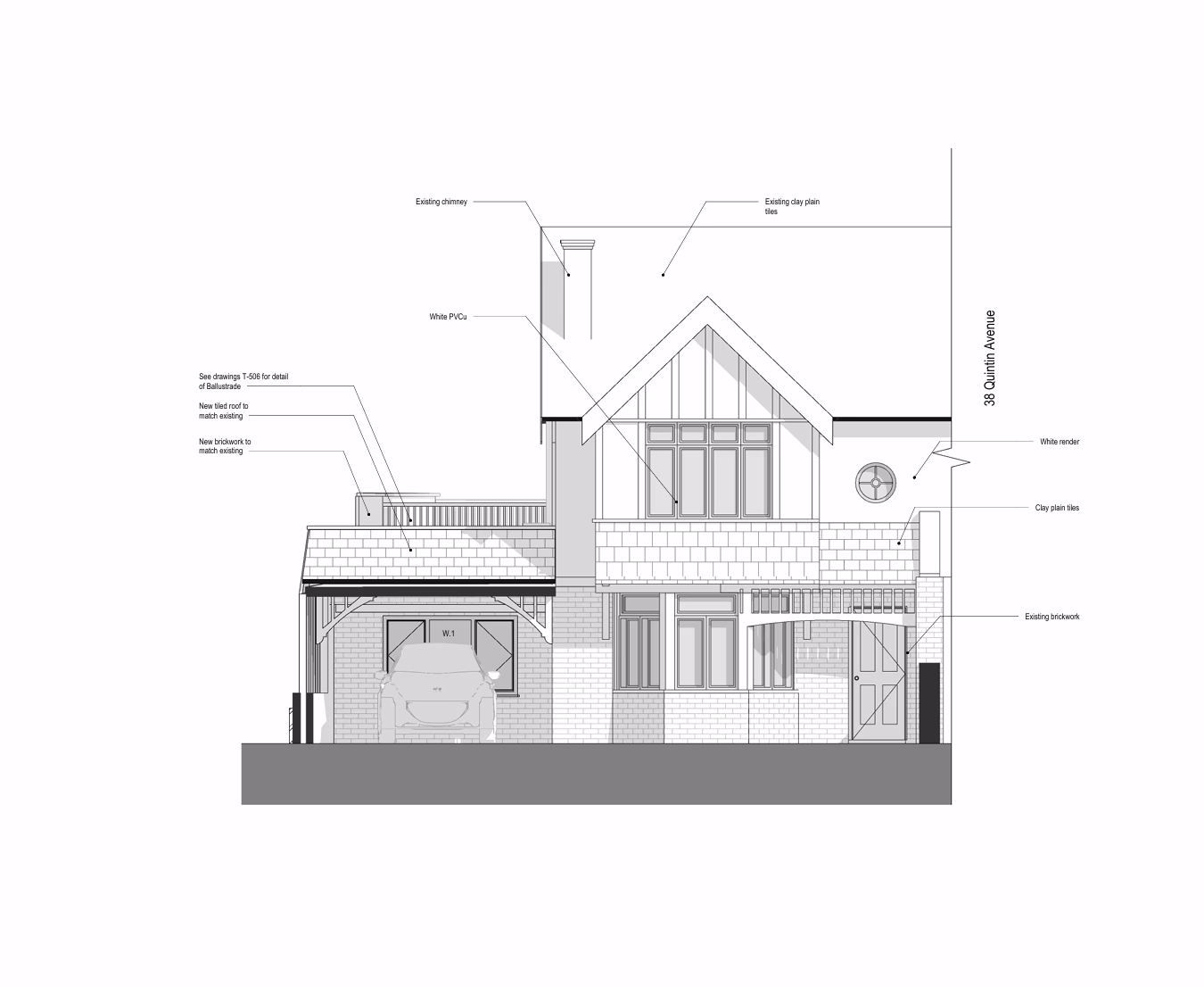 Alzado posterior de Quintin Avenue, con galería, techo existente y vegetación